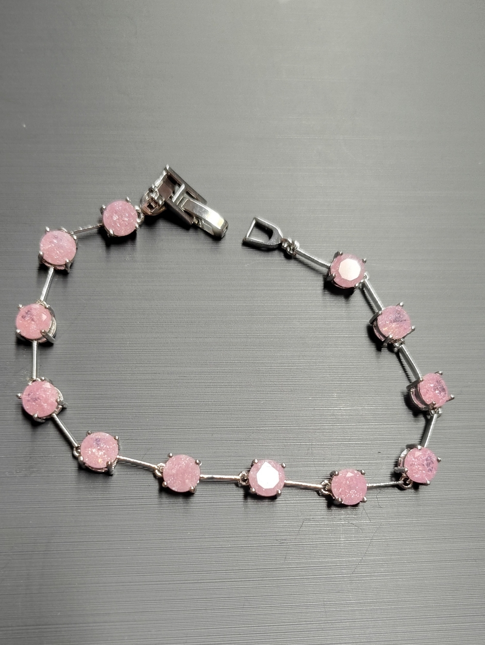 Fashion Jewelry Silver-Tone Bracelet with Pink Druzy Discs
